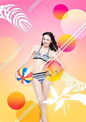 PSD 외국인 편집 편집이미지 여자 한명 성인 여름 여름휴가 바캉스 비키니 비치볼 야자수잎 이미지편집 1 계절 수영복 잎 공 휴가 바캉스용품 사람 인종 파일형식 여름_계절