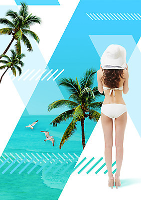 PSD 편집 편집이미지 여자 바다 갈매기 한명 성인 뒷모습 여름 여름휴가 바캉스 비키니 야자수 의료성형뷰티 트로피컬아트 이미지편집 나무 1 계절 수영복 뷰포인트 조류 휴가 사람 그림 파일형식 여름_계절