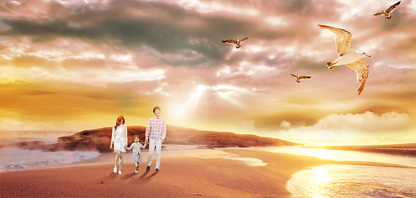 PSD 편집 편집이미지 여자 남자 가족 갈매기 성인 해변 야외 세명 일몰 한국인 이미지편집 바다 관계 조류 사람 동양인 노을 파일형식