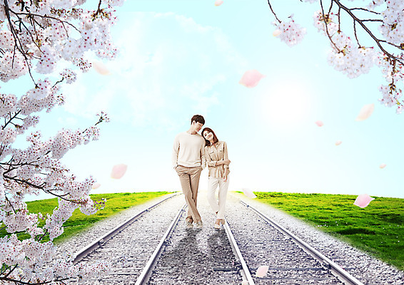 PSD 편집 편집이미지 커플 여자 남자 성인 두명 봄 기찻길 한국인 벚꽃 이미지편집 계절 꽃 관계 사람 동양인 파일형식