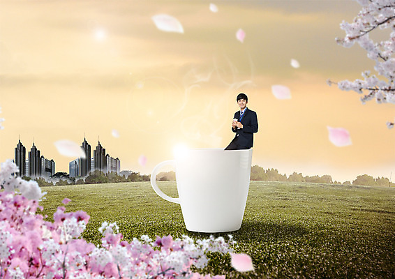 PSD 편집 편집이미지 남자 휴식 한명 빌딩 잔디 성인 한국인 벚꽃 커피잔 이미지편집 식물 1 꽃 커피 컨셉 잔 사람 동양인 건물 파일형식