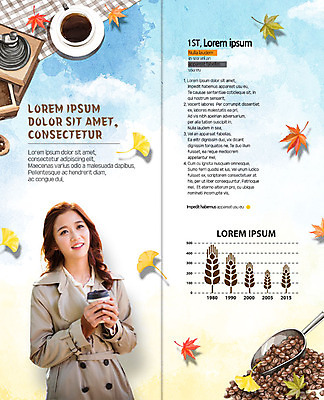 PSD 템플릿 표지디자인 북디자인 출판디자인 여자 내지 커피 음식 리플렛 단풍 2단접지 북커버 그래프 한명 팜플렛 상반신 20대 성인 한국인 원두 가을 트렌치코트 커피잔 핸드밀 이미지템플릿 1 계절 음료 잎 잔 사람 동양인 청년 코트 커피용품 파일형식