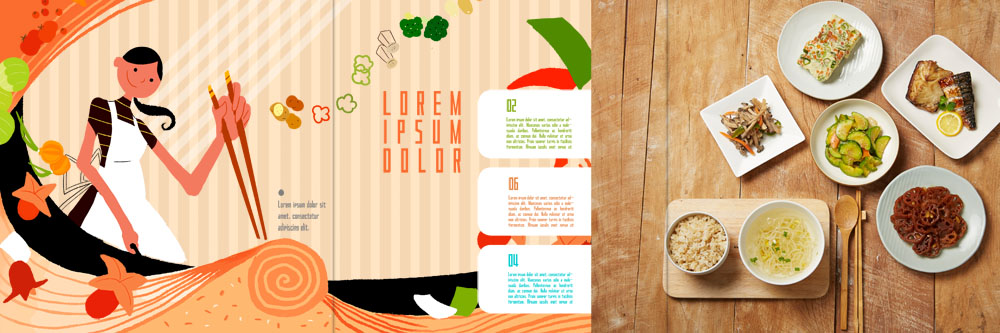 PSD 템플릿 접시 표지디자인 북디자인 출판디자인 여자 내지 한식 리플렛 북커버 3단접지 젓가락 밥 반찬 요리 한명 팜플렛 성인 주부 생선구이 연근조림 콩나물국 호박볶음 이미지템플릿 1 식기 음식 수저 사람 구이 볶음 생선요리 국물 조림 파일형식
