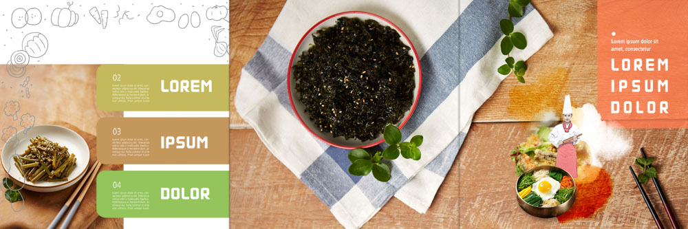 PSD 서양인 템플릿 표지디자인 북디자인 출판디자인 여자 내지 한식 리플렛 북커버 3단접지 젓가락 한명 팜플렛 20대 성인 요리사 식탁보 비빔밥 김자반 마늘종 이미지템플릿 외국인 직업 1 음식 줄기 반찬 수저 마늘 사람 청년 파일형식