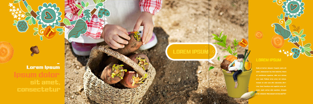 PSD 템플릿 표지디자인 북디자인 출판디자인 남자 내지 화분 어린이 리플렛 북커버 3단접지 소년 팜플렛 두명 바구니 당근 한국인 수확 무 유기농 이미지템플릿 웰빙 농업 뿌리채소 사람 동양인 파일형식