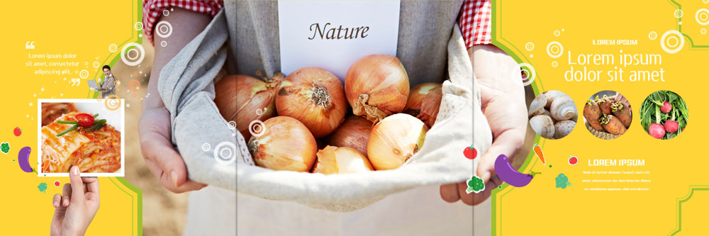 PSD 템플릿 표지디자인 북디자인 손 출판디자인 남자 내지 리플렛 북커버 3단접지 양파 김치 팜플렛 두명 앞치마 버섯 당근 한국인 수확 농부 유기농 이미지템플릿 직업 웰빙 한식 농업 채소 뿌리채소 사람 동양인 신체부위 파일형식