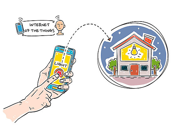 손 일러스트 전구 주택 신체부위 스마트폰 스마트 컨트롤 사물인터넷 스마트홈 4차산업 국내일러스트 AI파일 산업 컨셉 정보기술 사람 건물 핸드폰 스마트기기 파일형식 벡터 AI_인공지능