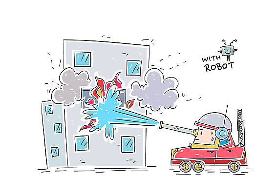 일러스트 불 빌딩 사람없음 로봇 화재 소방차 물호스 소방호스 화재진압 국내일러스트 AI파일 자연요소 자동차 건물 사건 호스 진압 파일형식 벡터