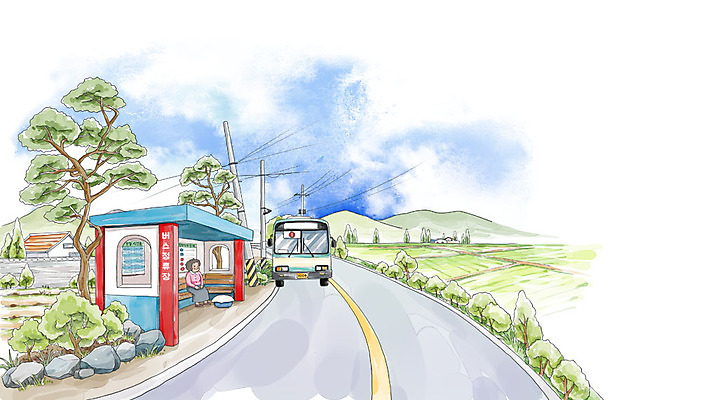 주간 PSD 나무 여자 노년 도로 교통수단 백그라운드 교통 일러스트 수채화 버스 한명 야외 버스정류장 시골길 국내일러스트 자연요소 식물 1 길 육상교통 교통시설 대중교통 사람 성인 역 파일형식