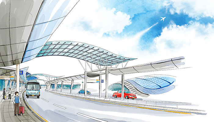 주간 PSD 남자 도로 교통수단 백그라운드 교통 일러스트 자동차 수채화 버스 성인 야외 세명 여행객 캐리어 공항 공항버스 국내일러스트 자연요소 길 육상교통 교통시설 대중교통 사람 여행가방 파일형식