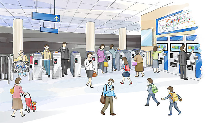 PSD 학생 여자 노년 남자 어린이 교통수단 백그라운드 교통 일러스트 청소년 수채화 대중교통 실내 여러명 성인 보행자 유모차 전철역 개찰구 지하철표 국내일러스트 다수 사람 내부 아기용품 티켓 역 파일형식