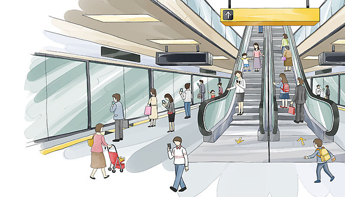 PSD 학생 여자 남자 교통수단 백그라운드 교통 일러스트 청소년 수채화 실내 여러명 성인 보행자 전철 플랫폼 에스컬레이터 유모차 전철역 스크린도어 국내일러스트 육상교통 다수 교통시설 대중교통 사람 내부 아기용품 역 안전장비 파일형식