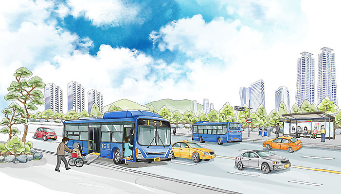 주간 PSD 나무 여자 노년 남자 도로 교통수단 백그라운드 교통 일러스트 자동차 수채화 버스 빌딩 여러명 성인 야외 보행자 버스정류장 휠체어 택시 국내일러스트 자연요소 식물 길 육상교통 다수 교통시설 승용차 대중교통 사람 건물 역 파일형식