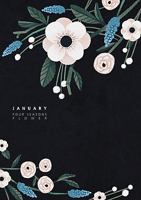 PSD 식물 꽃 백그라운드 겨울 일러스트 나뭇잎 사람없음 달력 1월 아네모네 겨울배경 국내일러스트 계절 잎 날짜 파일형식