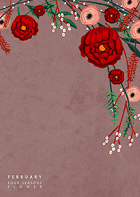 PSD 식물 꽃 백그라운드 겨울 일러스트 나뭇잎 사람없음 달력 나뭇가지 라넌큘러스 2월 겨울배경 국내일러스트 나무 계절 잎 날짜 파일형식