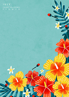 PSD 식물 꽃 백그라운드 일러스트 나뭇잎 사람없음 여름 달력 7월 하와이안 히비스커스 국내일러스트 계절 패션 잎 날짜 파일형식