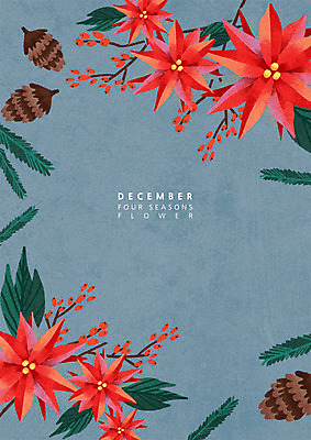 PSD 식물 꽃 백그라운드 겨울 일러스트 나뭇잎 사람없음 달력 12월 솔방울 포인세티아 겨울배경 국내일러스트 계절 잎 날짜 파일형식