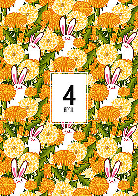 PSD 꽃 백그라운드 패턴 일러스트 사람없음 봄 패턴백그라운드 달력 십이지신 토끼 4 민들레 4월 봄배경 국내일러스트 식물 계절 무늬 포유류 반려동물 숫자 날짜 파일형식