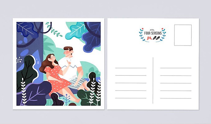 PSD 커플 여자 남자 백그라운드 일러스트 성인 두명 봄 달력 풀잎 4월 엽서 국내일러스트 계절 잎 관계 사람 풀_식물 날짜 편지 파일형식