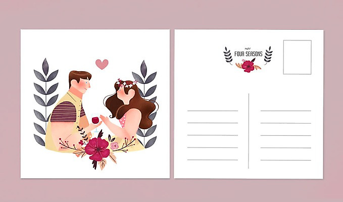 PSD 커플 여자 남자 꽃 백그라운드 와인잔 일러스트 나뭇잎 성인 두명 마주보기 봄 달력 5월 엽서 국내일러스트 식물 계절 잎 술잔 관계 모션 사람 날짜 편지 파일형식