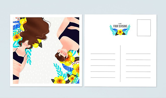 PSD 커플 여자 남자 수영복 꽃 백그라운드 일러스트 성인 두명 여름 달력 6월 엽서 국내일러스트 식물 옷 계절 관계 사람 날짜 편지 파일형식