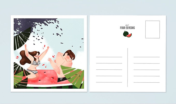 PSD 커플 여자 남자 수영복 백그라운드 일러스트 나뭇잎 여름음식 수박 성인 두명 여름 달력 엽서 7월 제철음식 제철과일 국내일러스트 옷 계절 음식 잎 과일 관계 사람 날짜 편지 제철 파일형식 여름_계절
