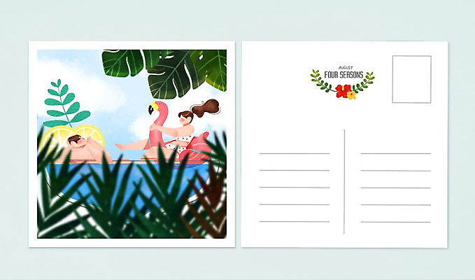 PSD 커플 여자 남자 수영복 백그라운드 일러스트 물놀이 나뭇잎 성인 두명 여름 달력 플라밍고 엽서 튜브 8월 트로피컬아트 플라밍고튜브 국내일러스트 옷 계절 잎 관계 놀이 조류 사람 날짜 편지 그림 파일형식