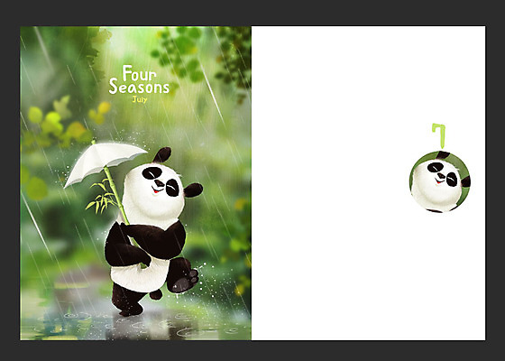 PSD 동물 사계절 백그라운드 일러스트 우산 사람없음 여름 달력 비 판다 대나무 7월 국내일러스트 자연요소 나무 계절 곰 날씨 날짜 파일형식