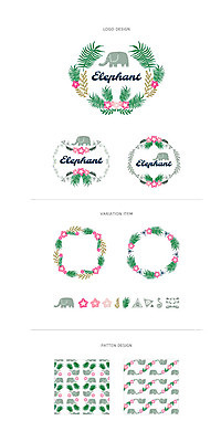 꽃 리본 백그라운드 패턴 일러스트 나뭇잎 코끼리 프레임 사람없음 세트 라벨 심볼 웹엘리먼트 국내일러스트 AI파일 식물 잎 무늬 포유류 엘리먼트 파일형식 벡터