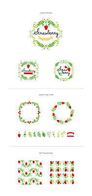 리본 백그라운드 패턴 일러스트 딸기 나뭇잎 프레임 사람없음 세트 라벨 심볼 웹엘리먼트 국내일러스트 AI파일 잎 무늬 과일 엘리먼트 파일형식 벡터