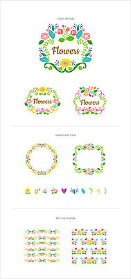 꽃 리본 백그라운드 패턴 일러스트 나뭇잎 프레임 사람없음 세트 라벨 심볼 웹엘리먼트 국내일러스트 AI파일 식물 잎 무늬 엘리먼트 파일형식 벡터