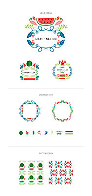 리본 백그라운드 패턴 일러스트 나뭇잎 수박 프레임 사람없음 세트 라벨 심볼 웹엘리먼트 국내일러스트 AI파일 잎 무늬 과일 엘리먼트 파일형식 벡터