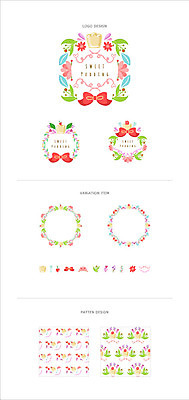꽃 리본 백그라운드 패턴 일러스트 나뭇잎 디저트 프레임 사람없음 세트 라벨 체리 심볼 푸딩 웹엘리먼트 국내일러스트 AI파일 식물 음식 잎 무늬 과일 엘리먼트 파일형식 벡터