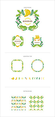 리본 백그라운드 패턴 일러스트 나뭇잎 프레임 바나나 사람없음 세트 라벨 심볼 웹엘리먼트 국내일러스트 AI파일 잎 무늬 과일 엘리먼트 파일형식 벡터