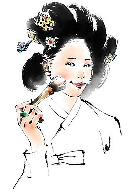 PSD 한국전통 여자 일러스트 캘리그라피 한명 상반신 성인 화장 화장품 전통의상 한복 볼터치 기생 메이크업브러쉬 국내일러스트 직업 1 전통 한국 사람 뷰티 붓 파일형식