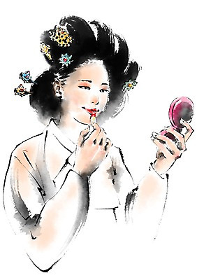 PSD 한국전통 여자 일러스트 캘리그라피 한명 상반신 성인 화장 화장품 립스틱 전통의상 한복 기생 국내일러스트 직업 1 전통 한국 사람 뷰티 파일형식