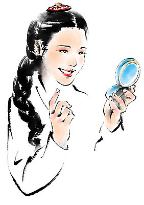 PSD 한국전통 여자 일러스트 캘리그라피 한명 상반신 성인 화장 화장품 전통의상 한복 기생 파우더팩트 국내일러스트 직업 1 전통 한국 사람 뷰티 파일형식