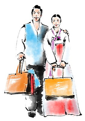 전신 PSD 한국전통 부부 여자 명절 남자 일러스트 캘리그라피 서기 성인 두명 쇼핑백 추석 전통의상 한복 국내일러스트 전통 커플 기념일 가방 모션 한국 사람 파일형식