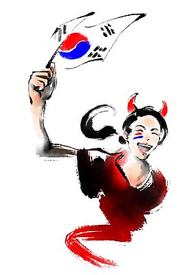 PSD 여자 일러스트 캘리그라피 응원 한명 미소 들기 상반신 성인 태극기 즐거움 붉은악마 월드싸커 국내일러스트 1 감정 스포츠 모션 표정 사람 국기 파일형식