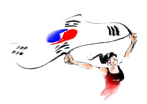 PSD 여자 일러스트 캘리그라피 응원 한명 들기 상반신 성인 태극기 붉은악마 월드싸커 국내일러스트 1 스포츠 모션 사람 국기 파일형식