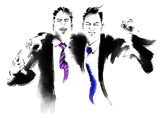 PSD 남자 일러스트 캘리그라피 어깨동무 서기 상반신 성인 두명 파이팅 비즈니스맨 국내일러스트 포즈 비즈니스 모션 사람 직장인 파일형식