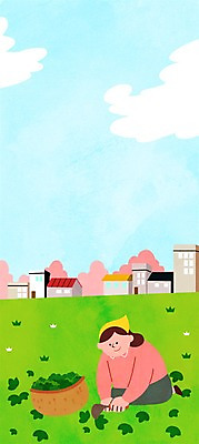 주간 PSD 여자 일러스트 주택 한명 성인 야외 바구니 절기 봄나물 입춘 텃밭 국내일러스트 자연요소 1 계절 밭 사람 건물 나물 파일형식