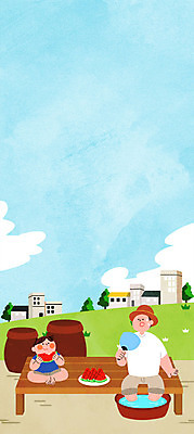 주간 PSD 여자 남자 어린이 일러스트 수박 주택 성인 야외 두명 물 항아리 부채 절기 밀짚모자 평상 고무대야 하지 국내일러스트 자연요소 모자_잡화 계절 과일 사람 건물 도자기 대야 파일형식