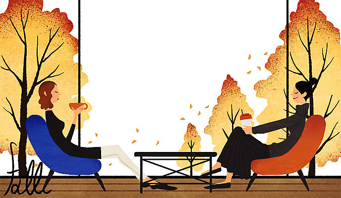 PSD 나무 우먼라이프 라이프스타일 여자 낙엽 의자 일러스트 창문 탁자 티타임 성인 두명 카페 가을 커피잔 국내일러스트 식물 계절 커피 가구 잎 휴식 잔 사람 생활 상점 파일형식