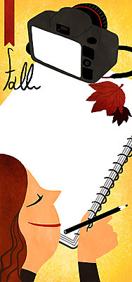 PSD 우먼라이프 라이프스타일 여자 낙엽 일러스트 프레임 한명 성인 연필 카메라 공책 가을 국내일러스트 1 계절 잎 문구용품 학용품 사람 생활 전자제품 필기구 파일형식