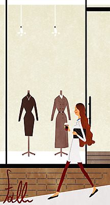 PSD 우먼라이프 라이프스타일 옷 여자 낙엽 일러스트 한명 성인 걷기 가을 쇼윈도 옷가게 국내일러스트 1 계절 잎 모션 사람 생활 상점 전시 파일형식