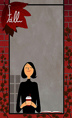 PSD 우먼라이프 라이프스타일 여자 커피 낙엽 일러스트 창문 성인 책 가을 종이컵 안식처 국내일러스트 계절 음료 잎 휴식 사람 생활 컵 일회용 파일형식