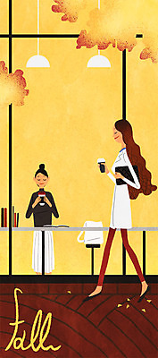 PSD 우먼라이프 라이프스타일 여자 낙엽 일러스트 탁자 조명 성인 두명 책 카페 가을 종이컵 국내일러스트 계절 가구 잎 사람 생활 컵 상점 일회용 파일형식