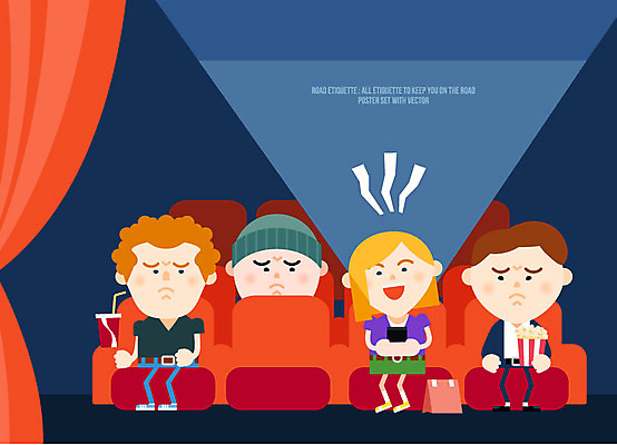 여자 남자 일러스트 실내 성인 전자제품 빛 스마트폰 예절 커튼 영화관 콜라 팝콘 공공장소 방해 영화감상 국내일러스트 AI파일 컨셉 사람 내부 핸드폰 스마트기기 감상 장소 극장 영화 탄산음료 파일형식 벡터