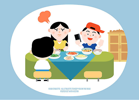 여자 남자 음식 일러스트 식탁 성인 세명 전자제품 스마트폰 예절 공공장소 식사예절 국내일러스트 AI파일 탁자 사람 핸드폰 스마트기기 장소 파일형식 벡터